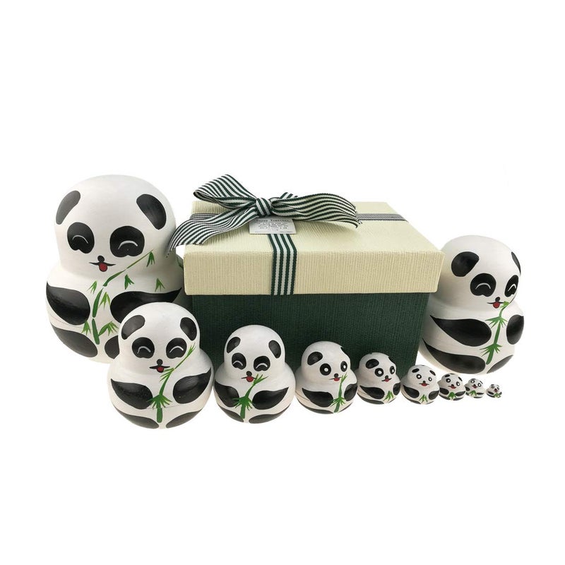Apol Set of 10 Big-Belly Wooden Handmade Panda Bear with Bamboo Nesting Dolls Matryoshka Russian Doll in a Box with Bow for Kids Toy Home Decoration New Year - Image 1